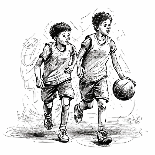 Vector illustration, black ink of two handsome, happy 9 years old boys playing basketball with white background