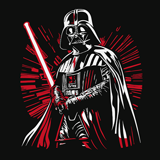 darth vader with red light saber, black and white background, vector image