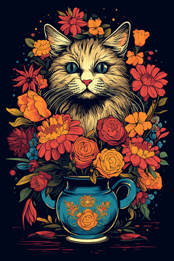 colorful svg vector drawing of a beautiful cat sitting near a vase full of flowers