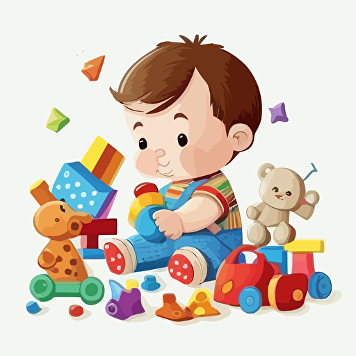cute baby playing with toys, vector image, white background