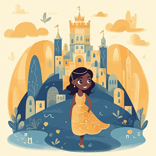Vector Illustration of a beautiful castle on a hill, in a faraway land where the beautiful, happy, light brown skin tone little Girl Princess lives. She wears a golden crown with diamonds and sapphires.