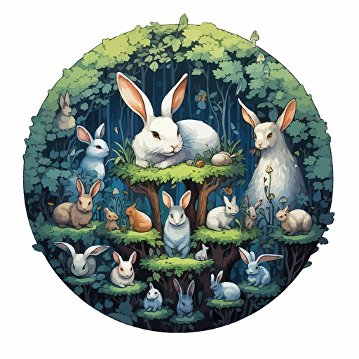 round up design with digital illustration of tiny rabbits creatures, magic world inspired by Studio Ghibli, vector illustration, intricate details, unreal engine, extremely high detailing, sharp, white background
