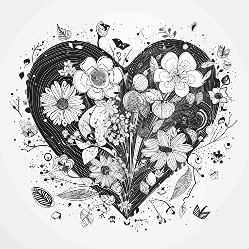 vector line draw black and white flower and heart hyper simple clean