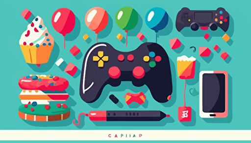 balloons, birthday cake, party and gaming stuff like mouse, keyboard, gaming controller, vector gaphics, flat background