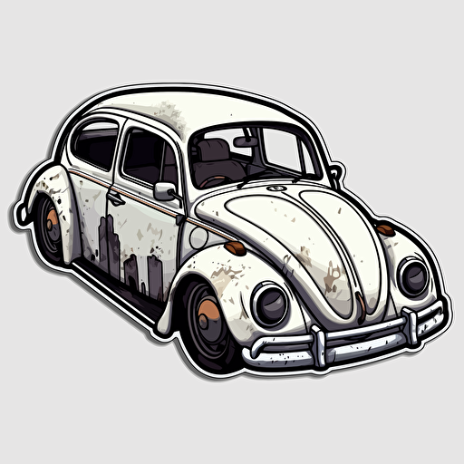 white 1968 vw beetle, 80s horror comic art, Sticker, Vector