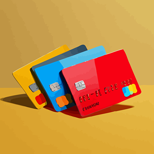 row of brightly coloured credit cards lying on a red surface, clean minimalist vector