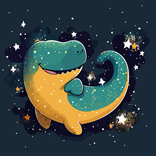 Dinosaur floating in space surrounded by stars and galaxies, cute happy smiling adorable, vector illustration style
