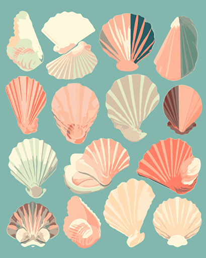 seashells, retro aesthetics, vector image, sticker design, pantone color scheme: 12-1706 TCX, 12-0824 TCX, 15-0146 TCX, 15-1164 TCX, 16-6340 TCX, 17-4247 TCX, 18-2043 TCX, 19-6026 TCX. The final piece should exude a warm, holiday-like ambiance.