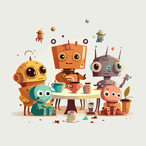 fun tea time in the mid-morning, little friends and robots sittiing together, vector illustration