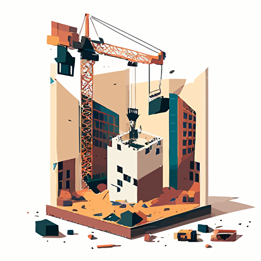 vector minimalistic illustration, show a simple construction site with a crane, bricks in the middle