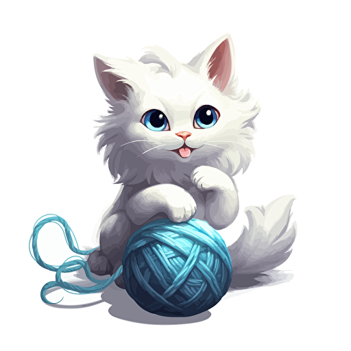an adorable turkish angora cat with sky blue eyes playing with a ball of yarn and snarling, vector art