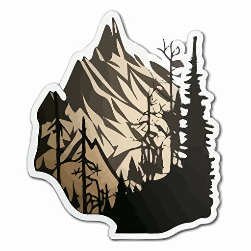 sticker, minimalistic mountain silhouette, woodsy shadows, contour, vector, white background