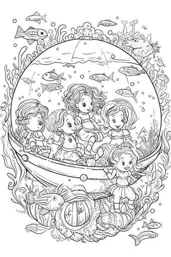 colouring book for kids, various mermaids separated by space, cartoon style, vector, little detail, no shadow, black and white, white background