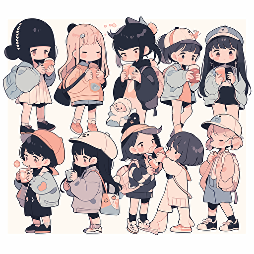 assorted cute drawings of kids, korean style, flat art, vectorized 2D, cartoon style