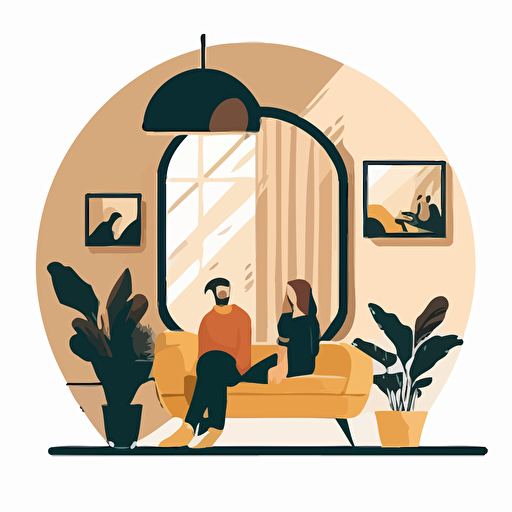 minimalist vector illustration art flat design. A couple is sitting together on the couch in a cozy mezzanine, antique mirror on the wall.