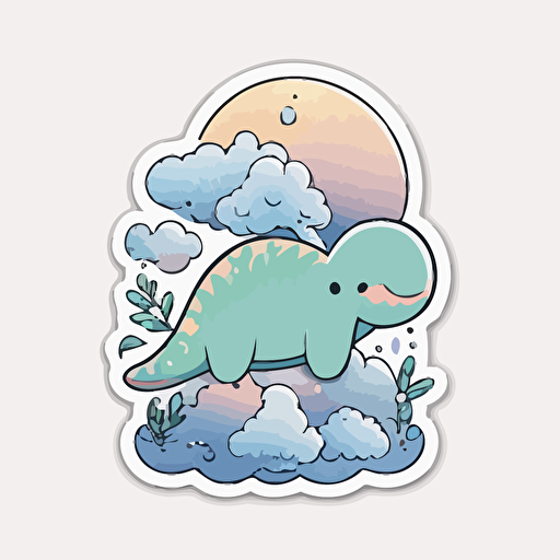 die-cut sticker, cute kawaii dinosaur in steam sticker, white background, illustration minimalism, drawn in childish way, vector, oceanic tones.