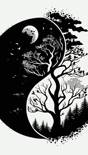 yin and yang ☯️, with copy space, logo design, nature, forest, black and white, abstract, vector art, minimalistic