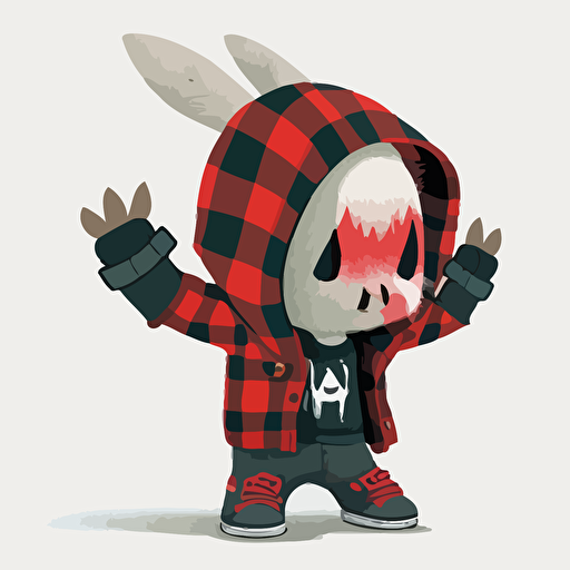 Cute punk easter bunny wearing a red plaid hoodie with 1 hand raised in the air in the shakka pose, white background, 2d vector, cartoon, anime, minimalist, flat art, vector, sharp focus, , illustration, 16: 9