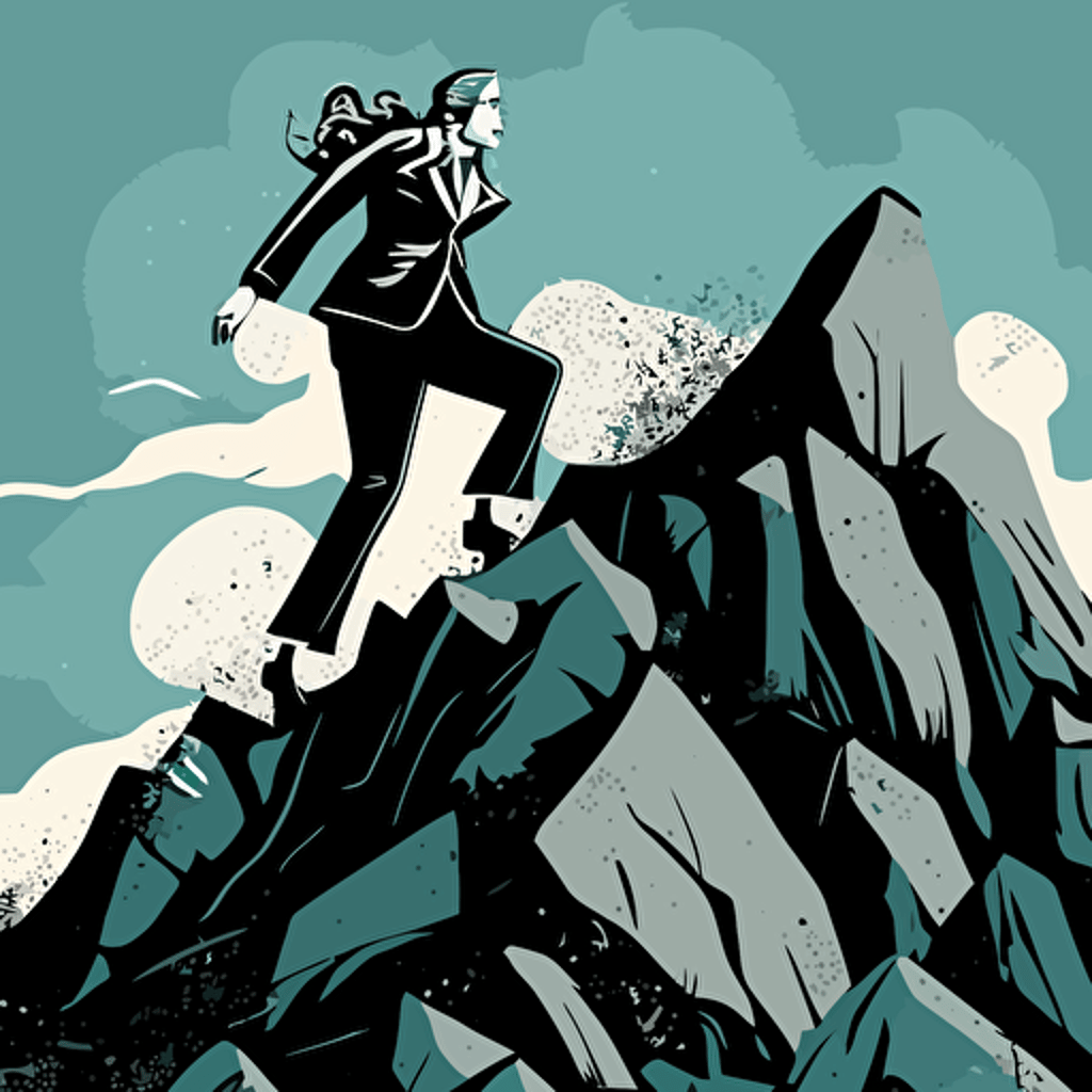 women in business suit climbing mountain top, vector illustration