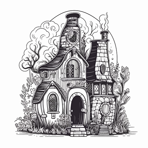 tall whimsical black and white medieval hobbit house, in flat 2d vector style, no perspective 4d91006c-2d9f-4a11-be13-7dac0aa6d6a6