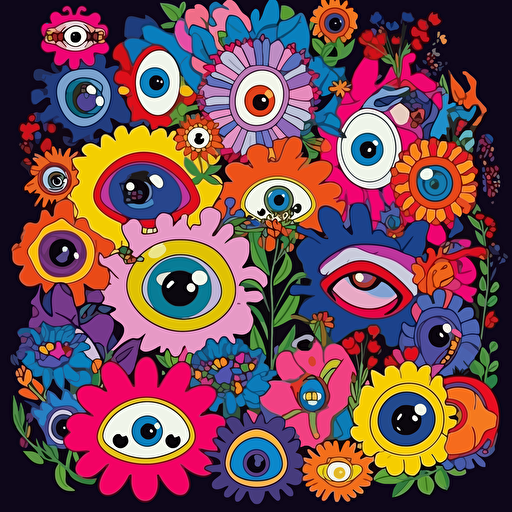 assorted group of eyes and flowers pop art flat vectorized murakami style