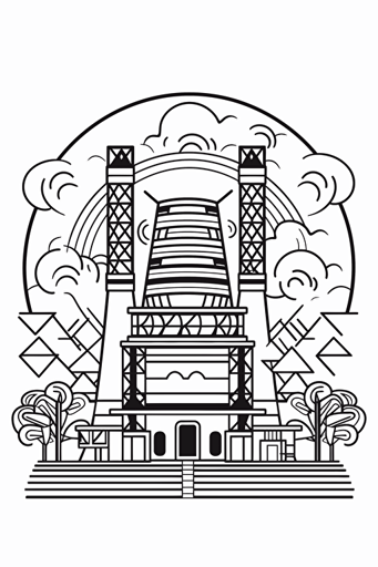 a board game card that is depicting a 2d geometric illustration of a coal power plant in a vector line drawn form, black and white, white background