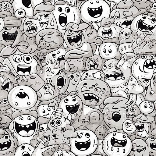a seamless pattern of funny emojis cartoon, white background, black outline, vector art,