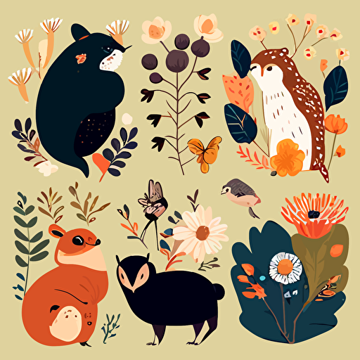 vector drawing of cute animals with botanicals as background