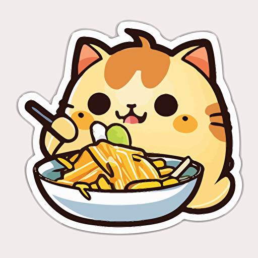 sticker, cute, hungry cat eating potato, liu yi artist style, vector, contour, white background