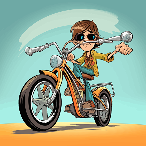 wide angle shot of a goofy looking kid on and 1970's Raliegh Chopper bycicle, 2D vector art