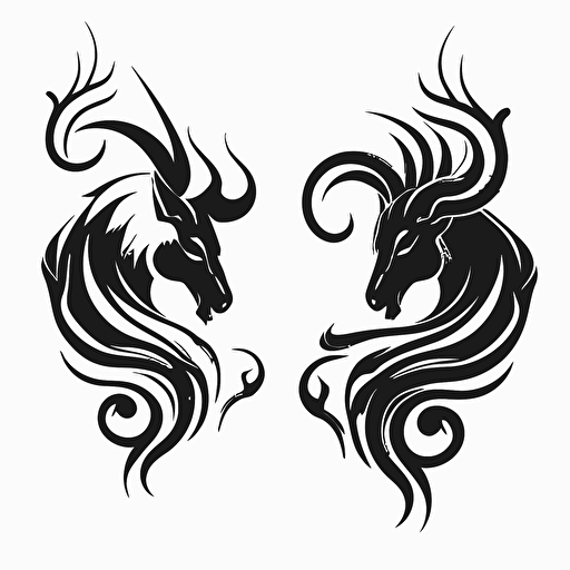 set of 2 black capricorn logos, black ink vectors, white background
