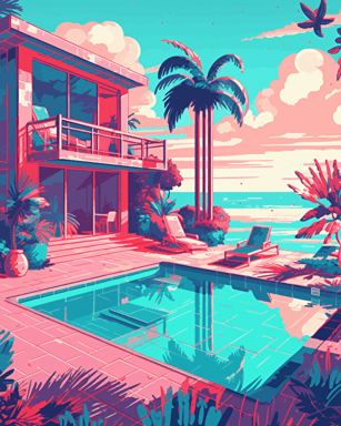 Generate a digital art piece in Unreal Engine, encapsulating a 'vacation vibes' motif. This should draw upon retro aesthetics and include classic patterns. Your design should be a vector image, suitable for a sticker design. Use the following Pantone colors to drive the color scheme: 12-1706 TCX, 12-0824 TCX, 15-0146 TCX, 15-1164 TCX, 16-6340 TCX, 17-4247 TCX, 18-2043 TCX, 19-6026 TCX. The final piece should exude a warm, holiday-like ambiance.