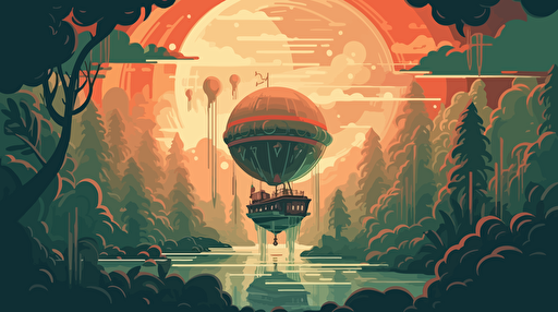 a ship entering the atmosphere of an undiscovered jungle-like planet, the ships heats up as it enters the atmosphere, flat vector illustration