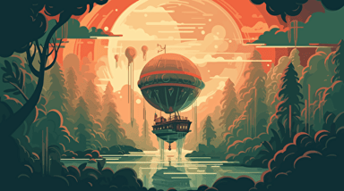 a ship entering the atmosphere of an undiscovered jungle-like planet, the ships heats up as it enters the atmosphere, flat vector illustration