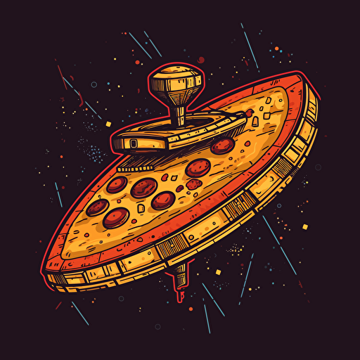 the spaceship from star trek but it's made of pizza as if it's a pizza ship, flat vector illustration