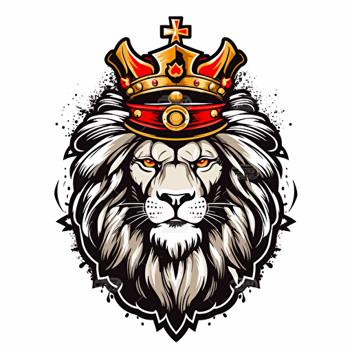 elegant commander soldier lion wearing a crown, vector logo, minimalist, gaming logo, color pallete red black and white
