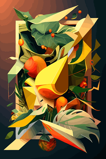 mango and hops explosion, inferno, cubist painting, Neo-Cubism, layered overlapping geometry, art deco painting, Dribbble, geometric fauvism, layered geometric vector art, maximalism; V-Ray, Unreal Engine 5, angular oil painting, DeviantArt