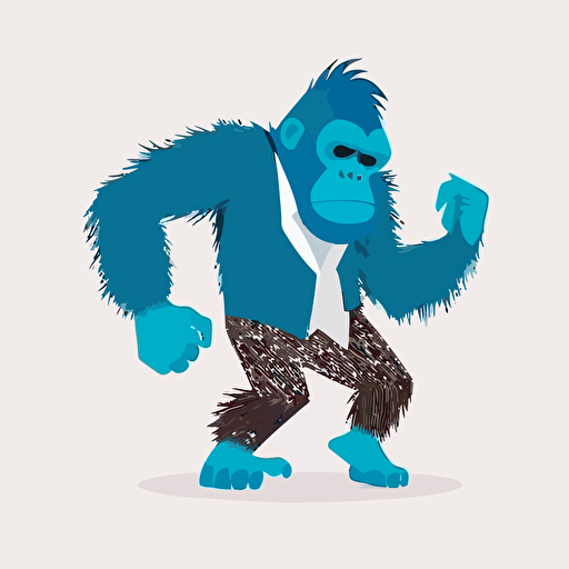 gorilla with blue furr, dancing alone, white background, illustrator, vector design, logo design, flat design, 2D, flat art, illustrator,