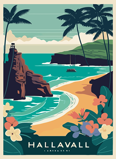 hawaii coast travel poster, Vector flat illustration