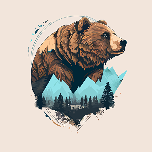 A simple logo with a Grizzly Bear, symmetrical, vector::2 revolvers behind the head:: Mountains in the background:: On a white backdrop, v 5