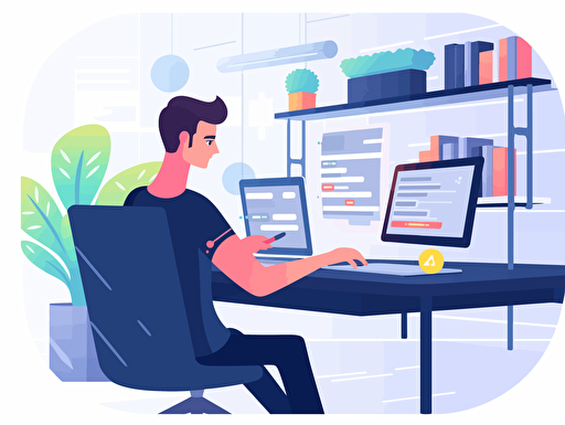In the office of an internet company, a male software engineer is writing new code to improve the company's products and services,vector ,2d illustrator,