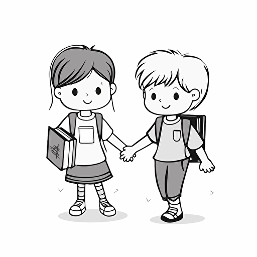 black on white no shading vector of cute boy and girl 4 years of age holding hands with school books