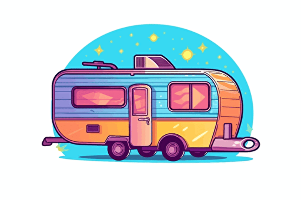 2d illustration, space themed 1970's trailer simple vector colorful sticker