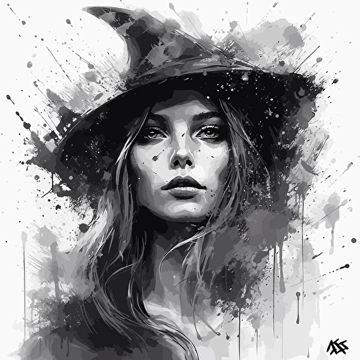 black and white witch girl print by starkneeds design, in the style of patrice murciano, alena aenami, emerico imre toth, contest winner, misty atmosphere, the stars art group (xing xing), simplistic vector art