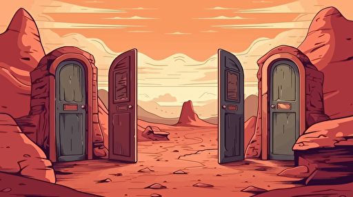simple warm color background with two large curved doorframes, situated in the middle of the frame, with both doors being portals to other worlds. The left door opening to a town with creatures. The right opening to colorful wildlands. Vector illustration. 2D hand drawn cartoon animation style with bright colors.