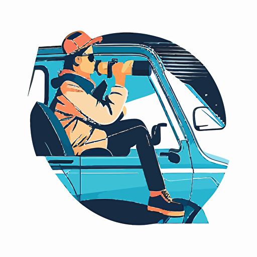 a person sitting in a car holding a telescope, vector art, adobe illustrator, simple, minimalism, white background, blue colors