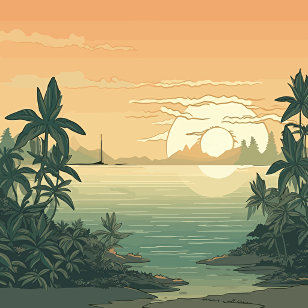 Weed Thailand cartoon background, only sea and palms, 2d, vector