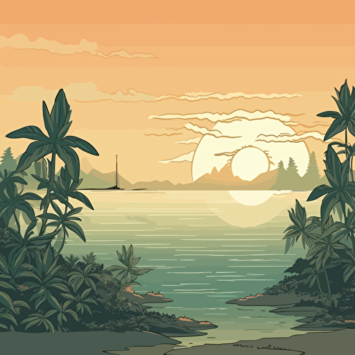 Weed Thailand cartoon background, only sea and palms, 2d, vector