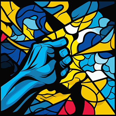a captivating vector illustration in the profile position, reminiscent of Michelangelo's iconic "Creation of Adam," focusing on the hands. Style in a modern and dynamic composition, in the style of Romero Britto, with vivid blue and yellow tones contrasted with dark black tones.