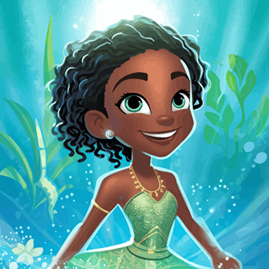 a little black girl mermaid age 7, she has a swim suit top and a fish tail on the bottom half of her body, she has her hair braided with beads, she is facing the viewer, her fish tail body is blueish green, the background is a very light blue, there are rays of light shining from above, there are cartoon style fish smiling and looking at her, illustration disney style, adobe illustrator, vector